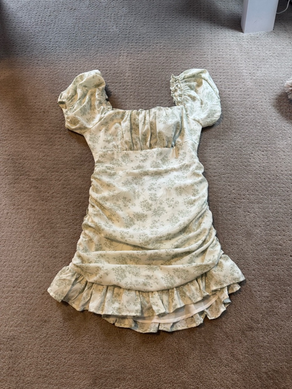 Floral Puff-Sleeve Ruffle Dress - Cream with Sage Green Print